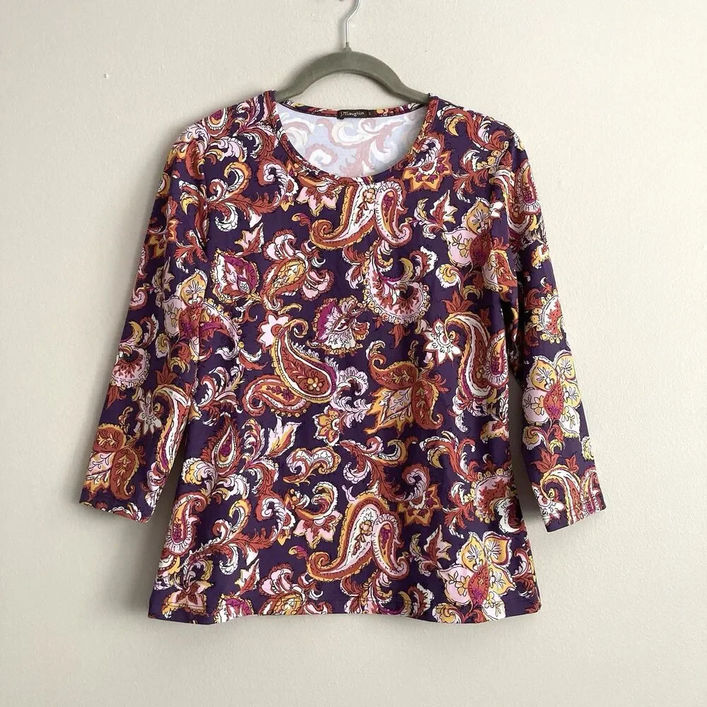 J. McLaughlin Catalina Cloth Purple Paisley Print Top Size Small Stretch Comfort